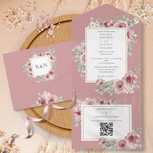Faire-part de mariage à code QR floral Rose Poussi