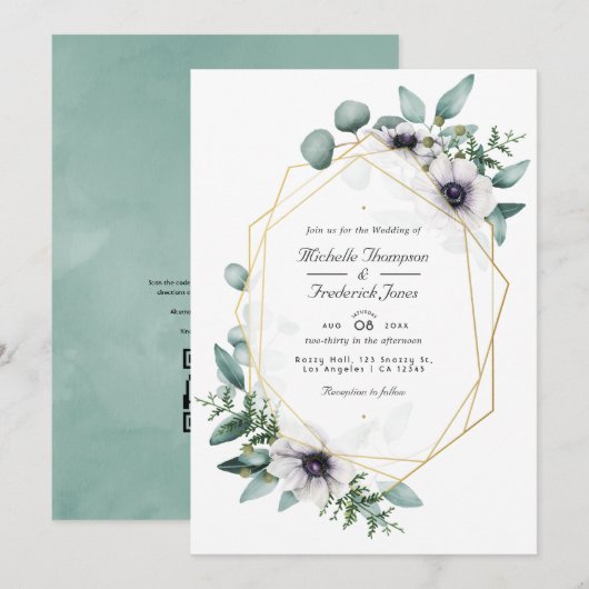 Faire-part de mariage à code QR géométrique Anémon (Devant / Derrière)