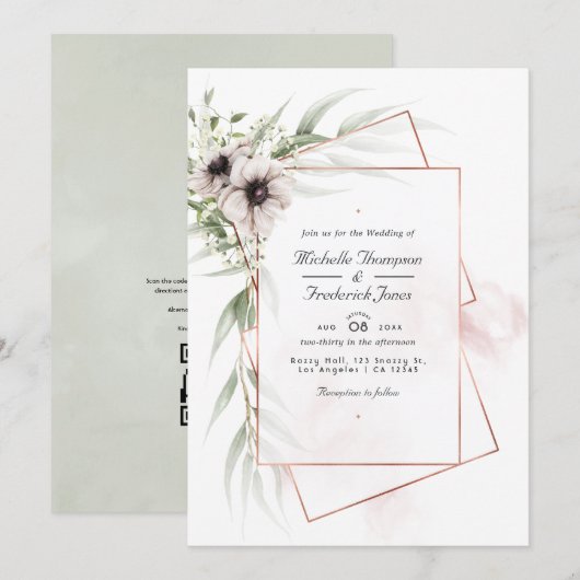 Faire-part de mariage à code QR géométrique Anémon (Devant / Derrière)