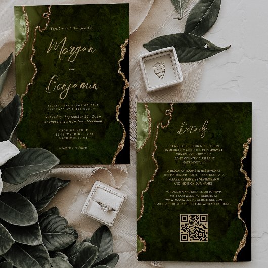 Faire-part de mariage à code QR Olive Green Gold A
