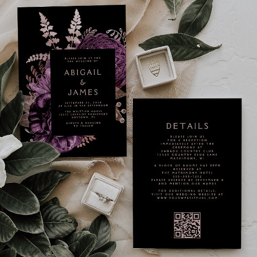 Faire-part de mariage à code QR or rose et fleurs