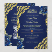 Faire-part de mariage à code QR Roses Bleu Royal B (Devant / Derrière)