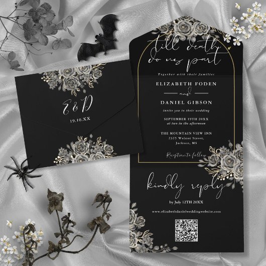 Faire-part de mariage à code QR Roses noires à Arc