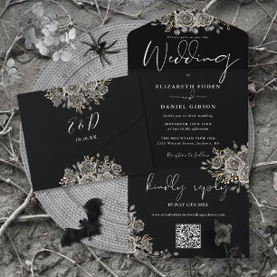 Faire-part de mariage à code QR Roses noires et bl