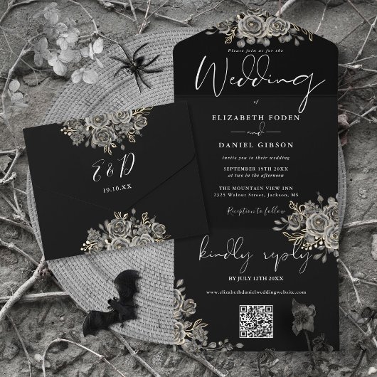 Faire-part de mariage à code QR Roses noires et bl