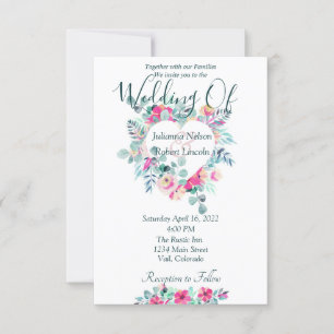 Faire-part de mariage à coeur floral aquarelle ros