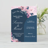 Faire-part de mariage à conserver avec fleurs bleu (Debout devant)