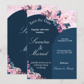 Faire-part de mariage à conserver avec fleurs bleu (Devant / Derrière)