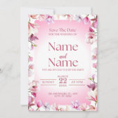 Faire-part de mariage à conserver avec fleurs rose (Devant)