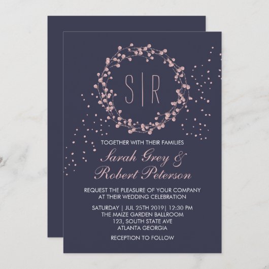 Faire-part de mariage à couronne de fleurs rose et (Devant / Derrière)