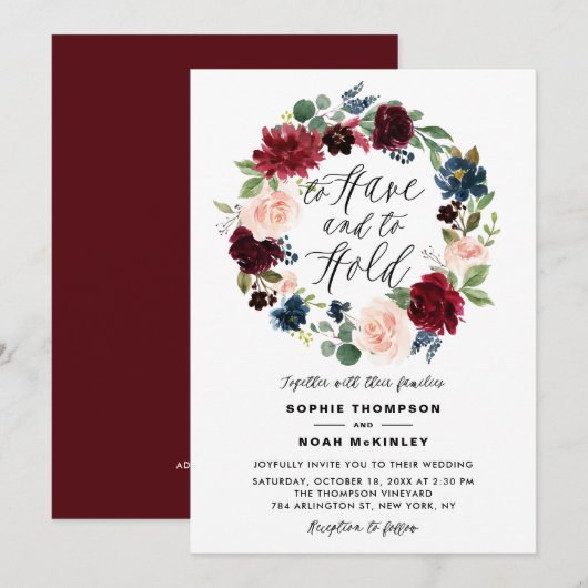 Faire-part de mariage à couronne florale bleue et (Devant / Derrière)