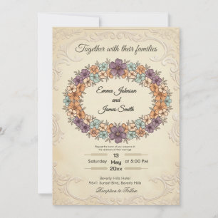 Faire-part de mariage à couronne florale crème