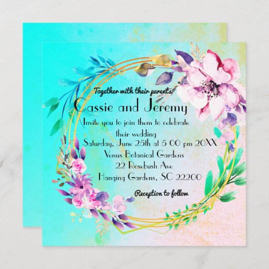 Faire-part de mariage à couronne florale vibrante (Devant / Derrière)