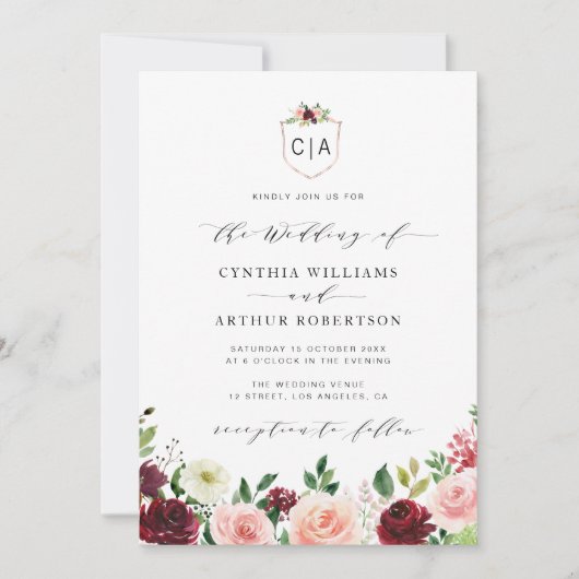 faire-part de mariage à crête florale bordeaux (Devant)