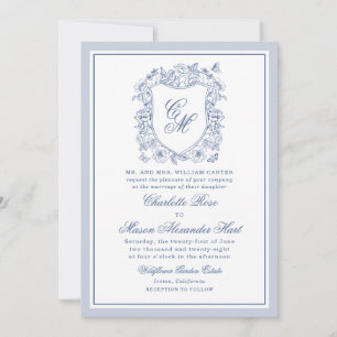 Faire-part de mariage à crête florale vintage bleu