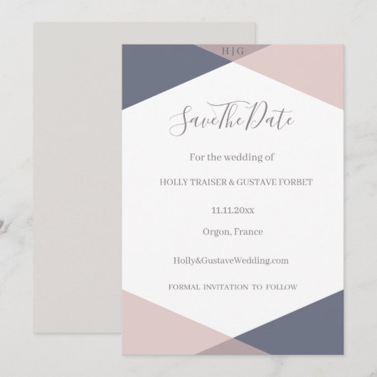 Faire-part de mariage à date de Navy Blue Blush Mo (Devant / Derrière)
