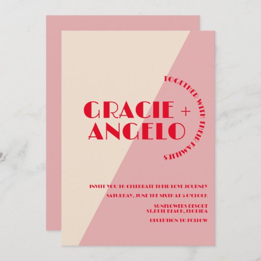 Faire-part de mariage à deux tons rose rétro (Devant / Derrière)