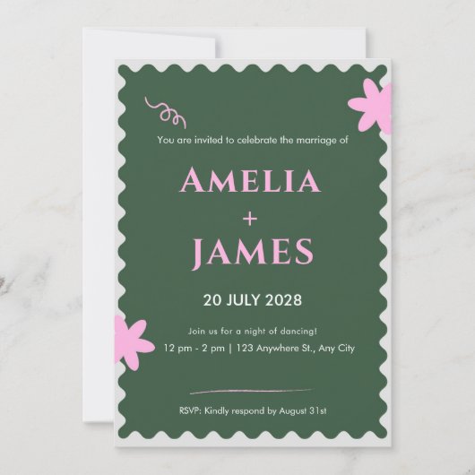 Faire-part de mariage à Doodle Rose Vert (Devant)