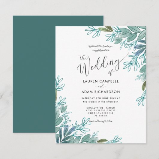 Faire-part de mariage à feuillage vert sauge rusti (Devant / Derrière)