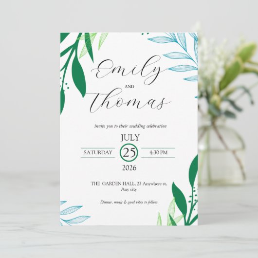 Faire-part de mariage à feuille verte botanique mo (Debout devant)