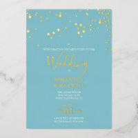 Faire-part de mariage à feuilles d'or bleu côtier