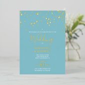 Faire-part de mariage à feuilles d'or bleu côtier (Debout devant)