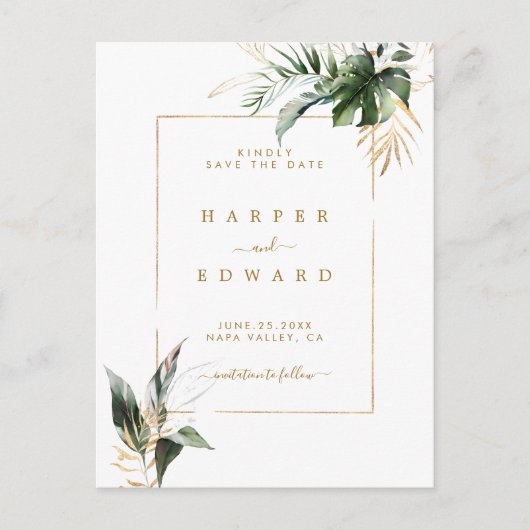 Faire-Part de Mariage à Feuilles Tropicales Or (Devant)