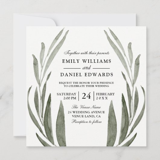 Faire-part de mariage à feuilles vertes (Devant)