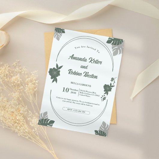 Faire-part de mariage à feuilles vertes tropicales