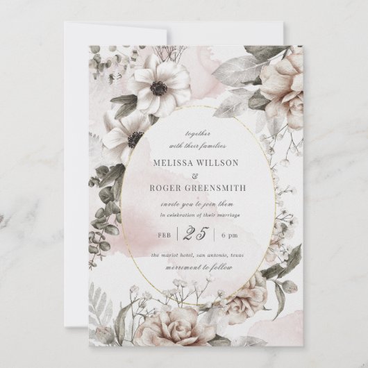 faire-part de mariage à fleurs argentées rustiques (Devant)