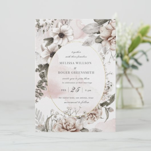 faire-part de mariage à fleurs argentées rustiques (Debout devant)