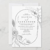 Faire-part de mariage à fleurs blanc et gris (Devant)