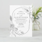 Faire-part de mariage à fleurs blanc et gris (Debout devant)