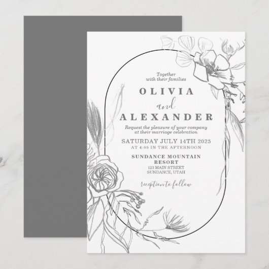 Faire-part de mariage à fleurs blanc et gris (Devant / Derrière)