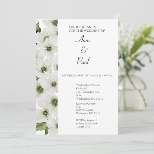 Faire-part de mariage à fleurs blanches (Debout devant)