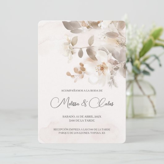 Faire-part de mariage à fleurs blanches (Debout devant)