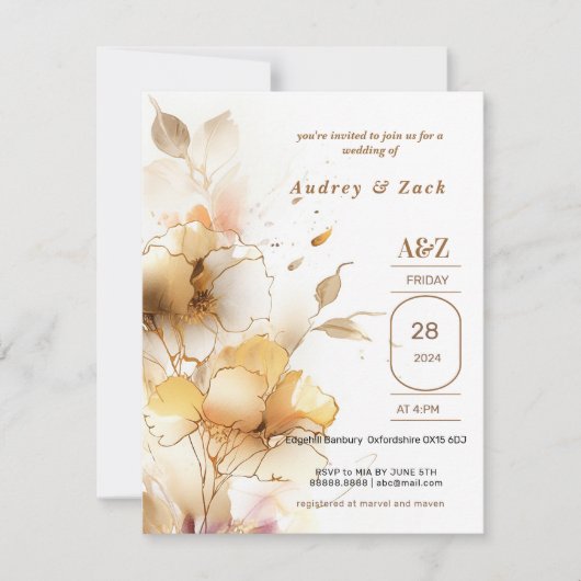 Faire-part de mariage à fleurs blanches dorées (Devant)