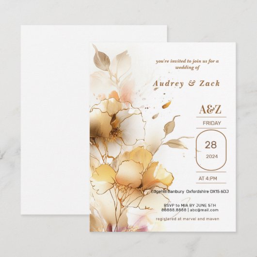 Faire-part de mariage à fleurs blanches dorées (Devant / Derrière)