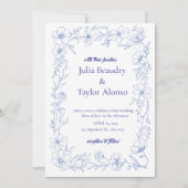 Faire-part de mariage à fleurs bleues avec Colombe (Devant)
