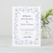 Faire-part de mariage à fleurs bleues avec Colombe (Debout devant)
