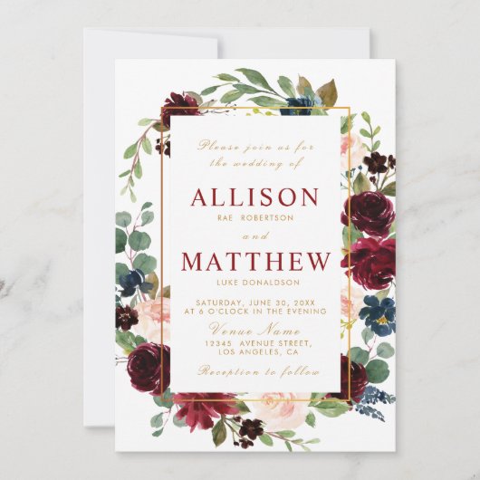 faire-part de mariage à fleurs bordeaux (Devant)