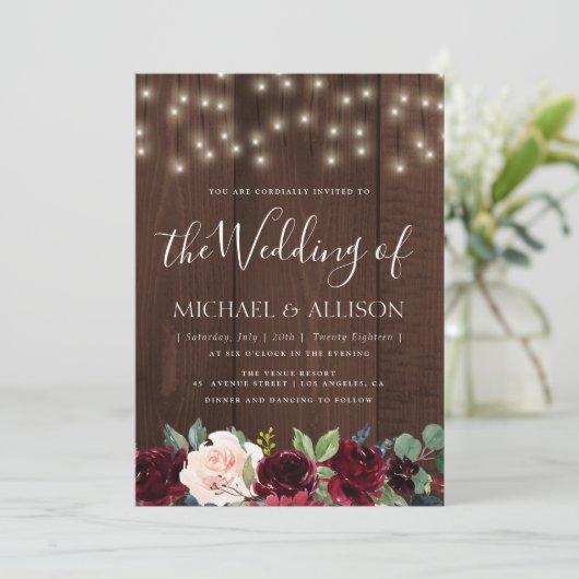 faire-part de mariage à fleurs bordeaux rustique (Debout devant)