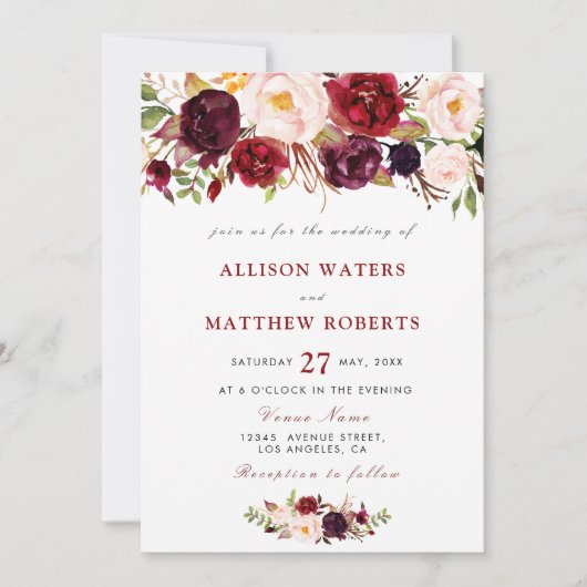 faire-part de mariage à fleurs bordeaux rustique (Devant)