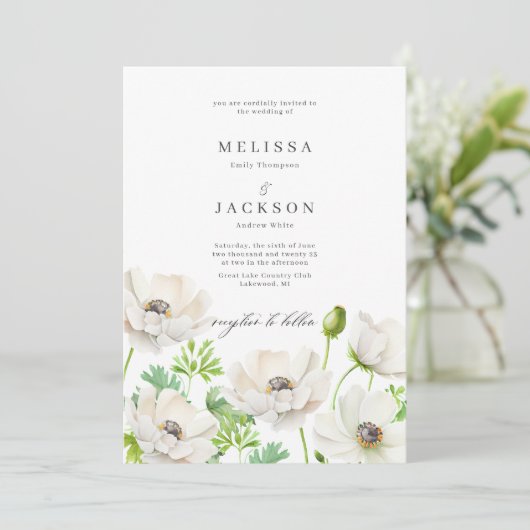 Faire-part de mariage à fleurs d'anémones blanches (Debout devant)