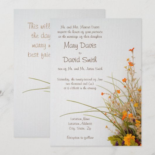 Faire-part de mariage à fleurs de bois blanc (Devant / Derrière)