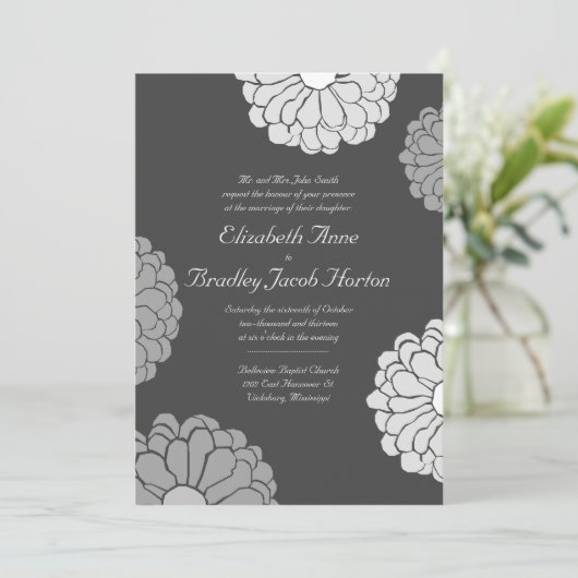 Faire-part de mariage à fleurs gris de Zinnia (Debout devant)