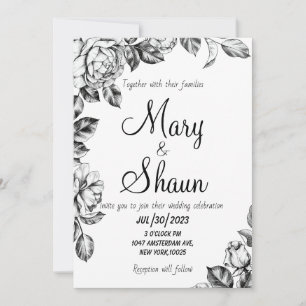Faire-part de mariage à fleurs noir et blanc
