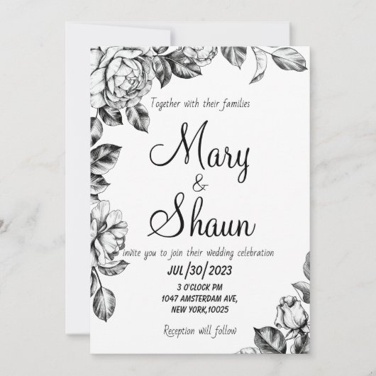 Faire-part de mariage à fleurs noir et blanc (Devant)