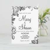 Faire-part de mariage à fleurs noir et blanc (Debout devant)
