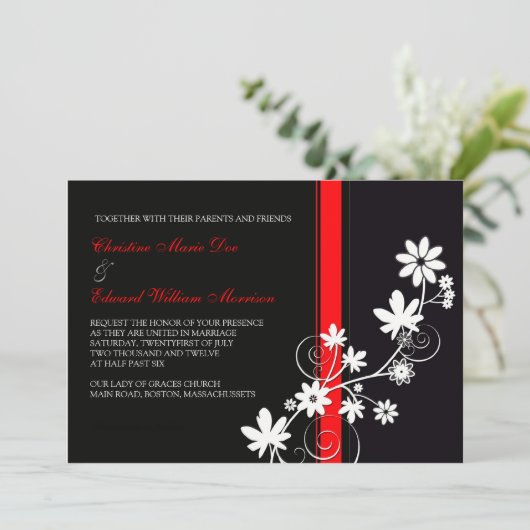 Faire-part de mariage à fleurs noires et rouges (Debout devant)